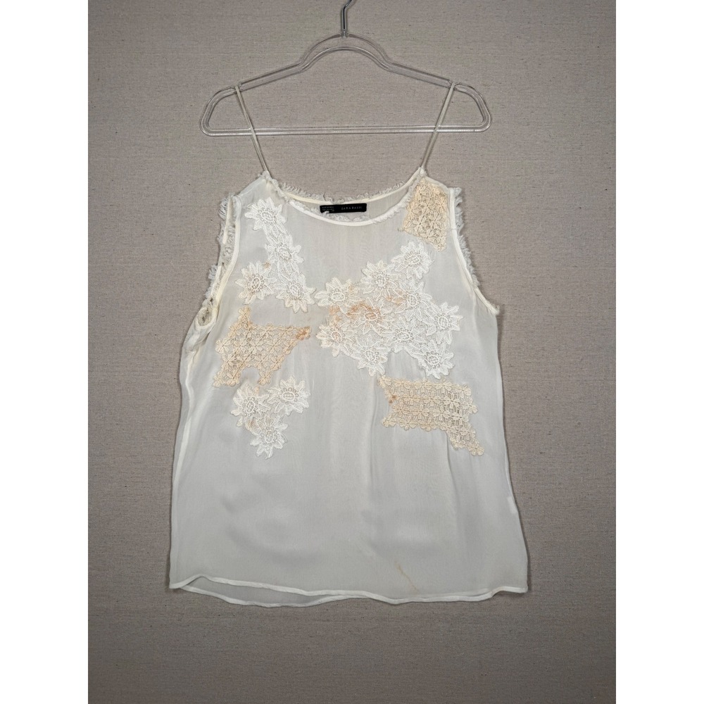 Zara Basic Women White Lace Applique Spaghetti Strap Camisole Top Small Boho